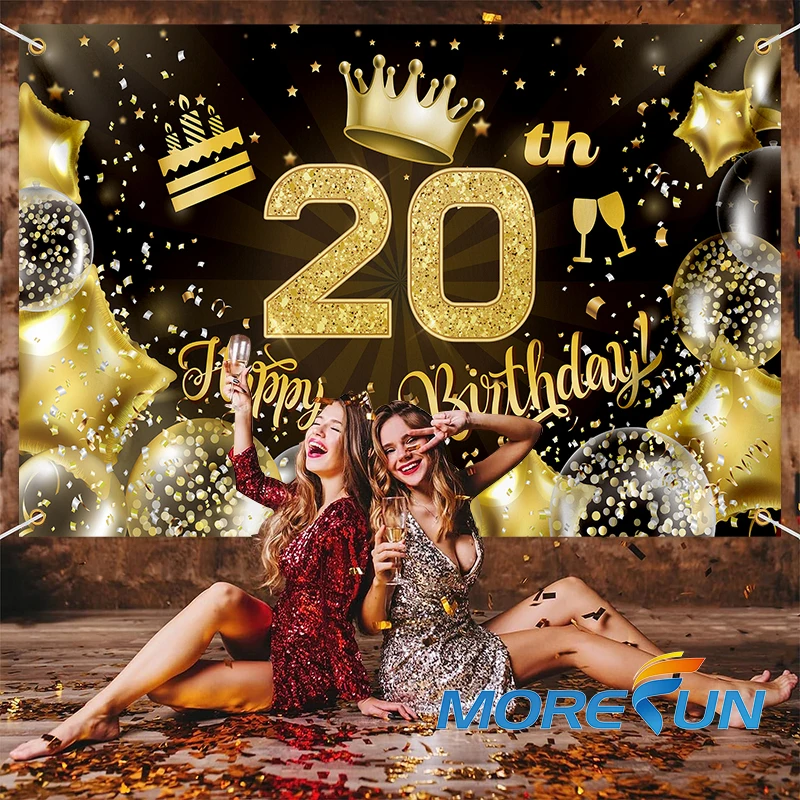 Happy Birthday Party Decorations Polyester Photo Background Glitter Balloon Fireworks Sign Banner Poster for Birthday Party