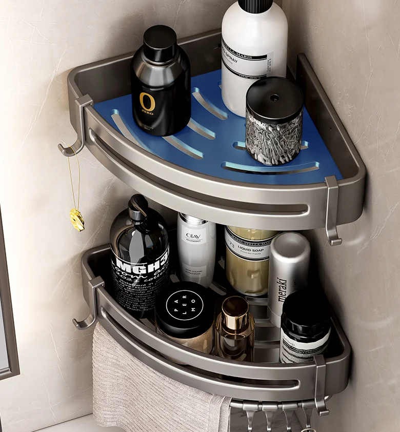 2 Tier Wall Mounted Shower Caddy Bathroom Organizer Aluminum Rack Toilet Black Corner Storage Bathroom Shelves with Sticker