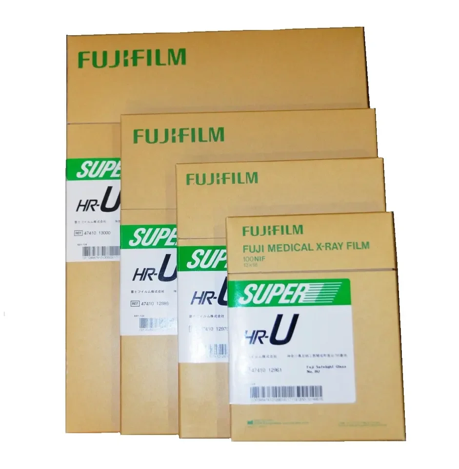Fujifilm HR-U wet Green sensitive  Laser X-ray Film  Wet films used with fixer and developer  in a darkroom.