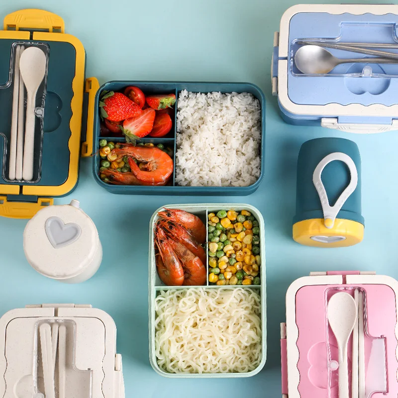 Food Grade Wheat Straw PP Materials 3 Compartments Heaterable Adult Tiffin Box Eco-Friendly Reusable Portable Kids Lunch Box