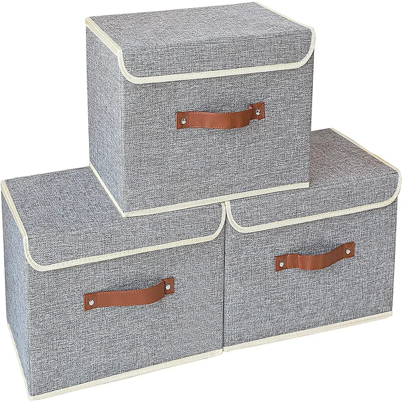 Linen Fabric Foldable Storage Cube Bin Organizer Basket with Lid Handles Large Toy Clothes Blanket Box