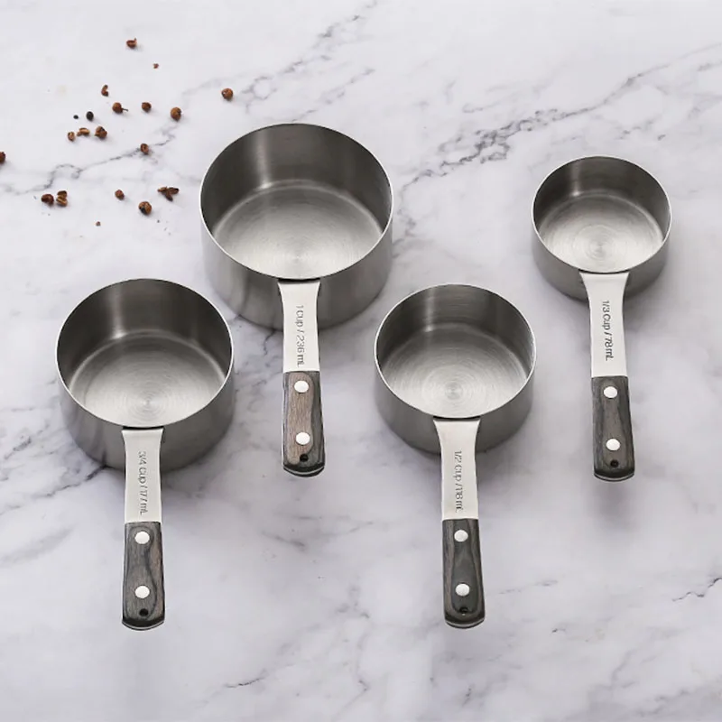 Measuring Cups and Spoons Set Stainless Steel Set of 9 Stackable Teaspoon Tablespoon Cup Wood Grip Handle Measuring Tools
