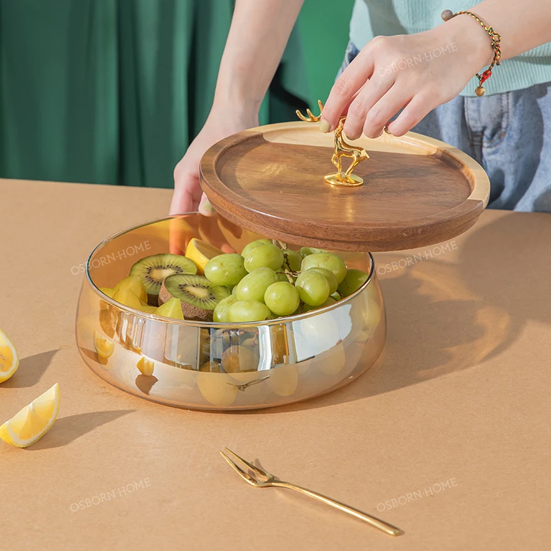 OSBORN Light luxury amber fruit basket glass bowl Snack tray with golden Deer for dinner or hotel