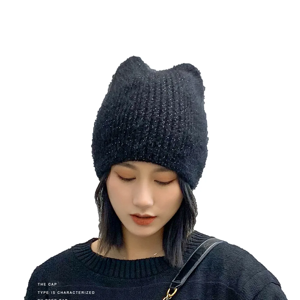 Удобная вязаная шапка из кроличьего меха с кошачьими ушками; Однотонная модная шапочка