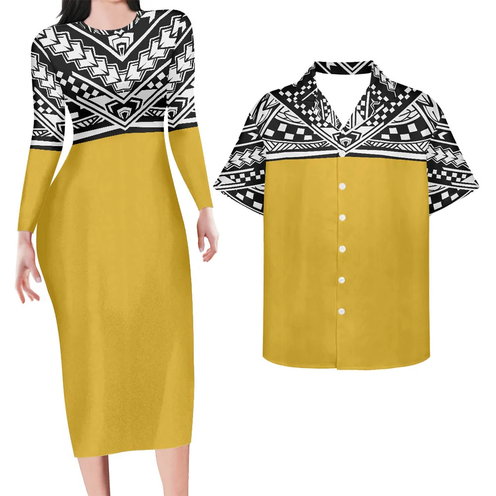 Yellow Samoan Tribal Long Sleeve Dress Women Casual 7xl Plus Size Women Dresses Summer Maxi Logo Print Custom Couple Clothes Set
