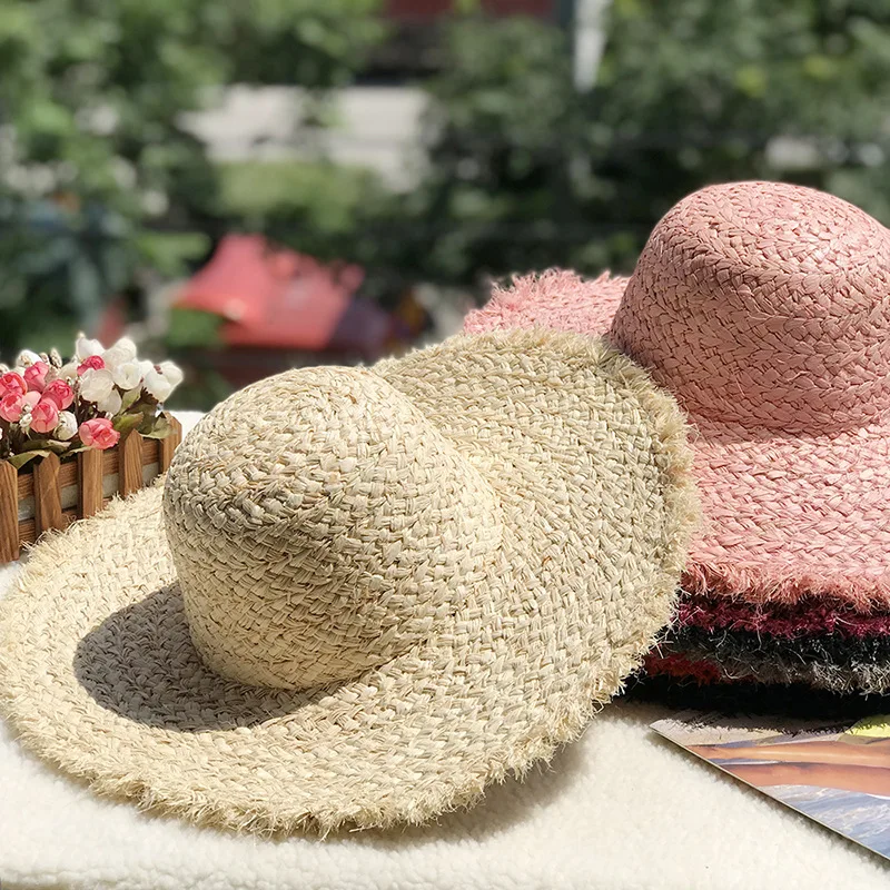 Wholesale natural Lafite straw hats sun protection big brimmed beach hats DIY large brimmed colorful round top hats in stock