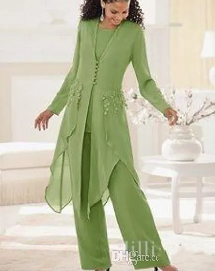 Ingots Elegant Plus Size Mother Of Bride Pant Suits Chiffon With Long Sleeves Jewel Neck Ruffles with JacketOther Ingots
