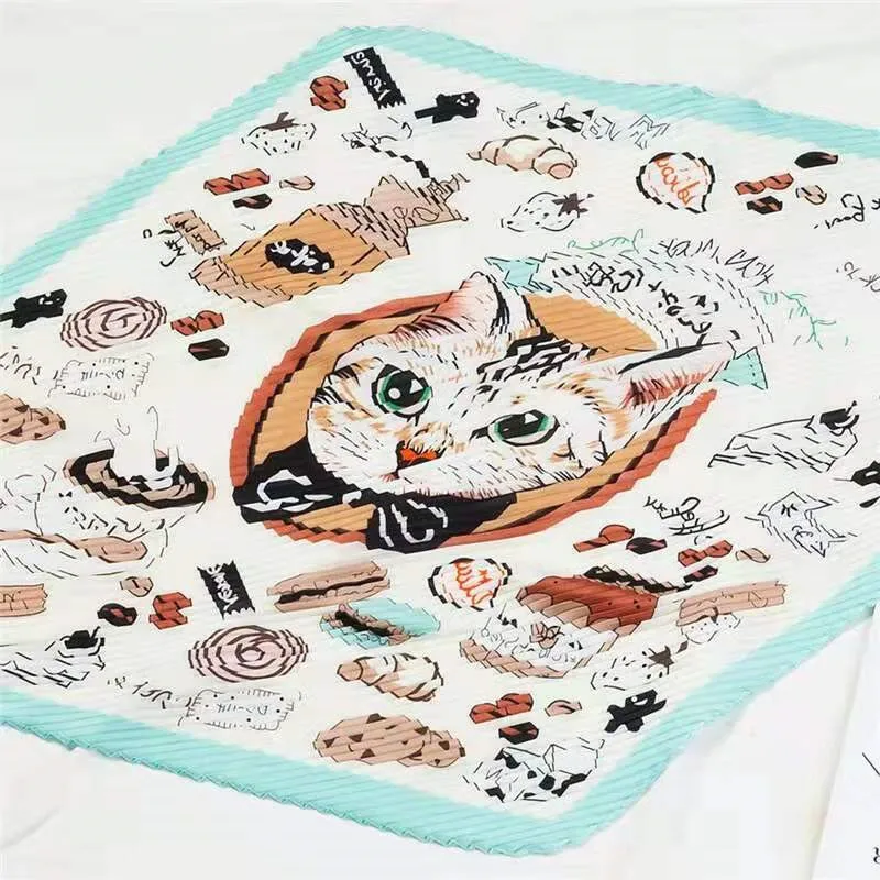Womens Small Square Polyester Silk Feel Scarves All Four Seasons Pleated Neck Scarf