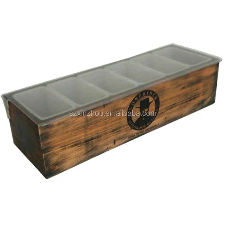 Rectangular Wooden Bamboo Storage Box with Ice Chamber Condiment Tray Caddy Holder for Kitchen Dining Lacquer Technics Food Use