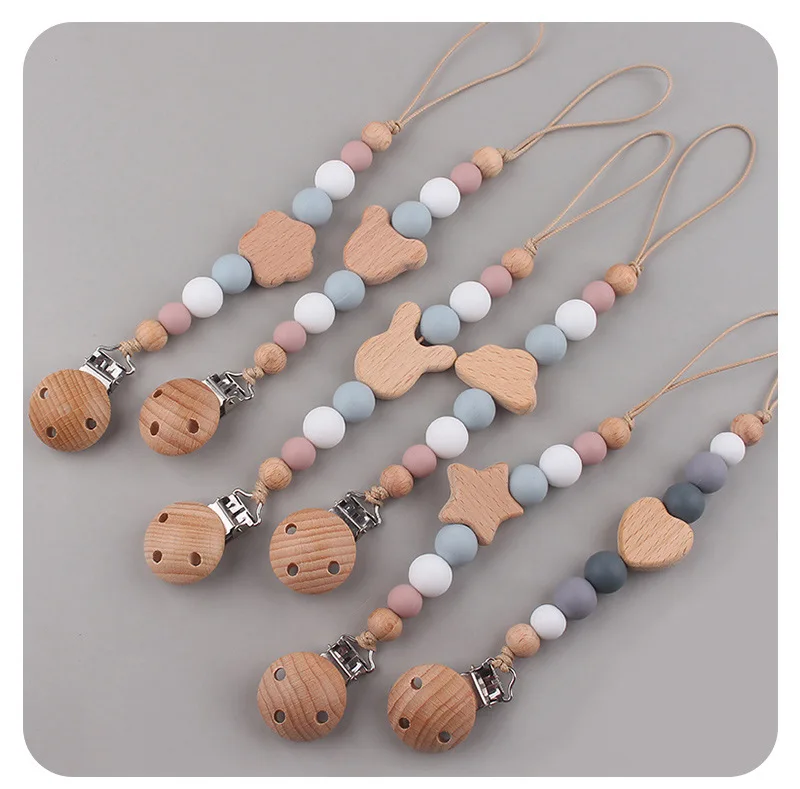 Baby Pacifier Chain Clips Wood Pentagram Teether Silicone Round Beads Teething Chain For Baby Care Soother Chew Toys Shower Gift