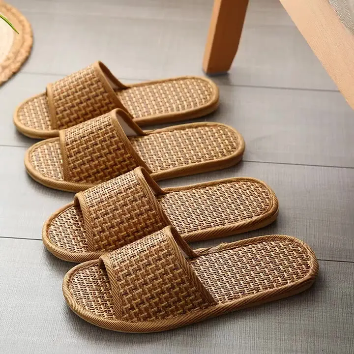 Bamboo Summer Slippers For Women  Woven Rattan Straw Mat Slippers Indoor Home Linen Summer Slides Slippers