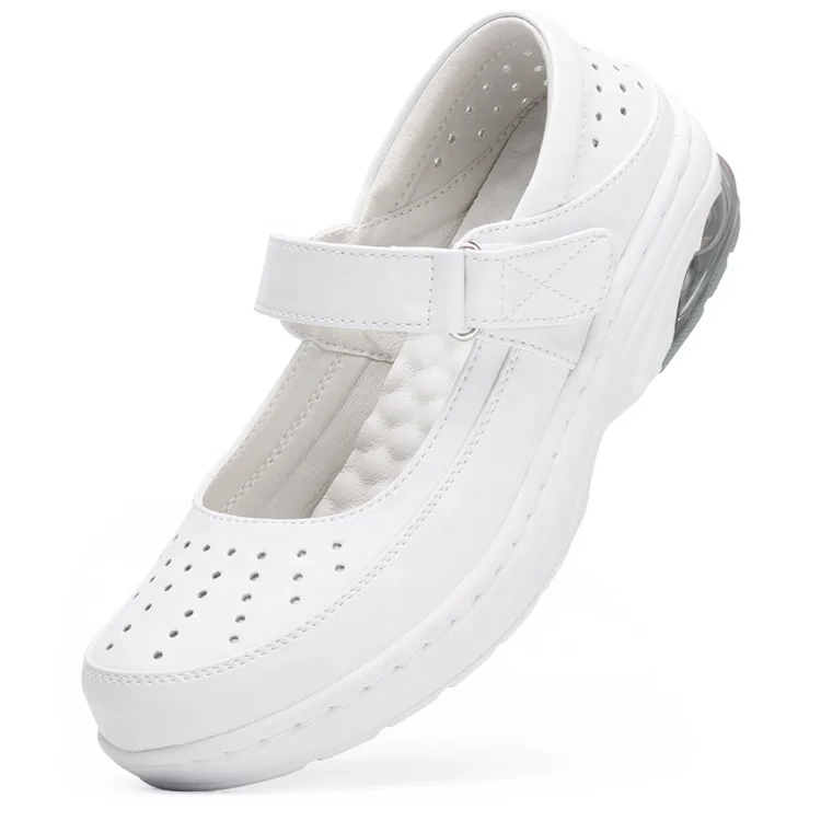 Comfortable White Nurse Shoes Air Cushion Lightweight Leather Wedge Hovercraft Shoes