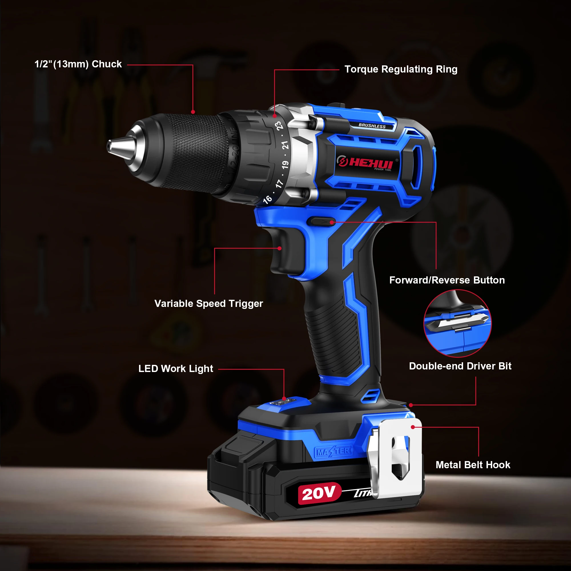 Hehui Customized 20V Hand Drill 20+ Torque Setting Drill Tools 13Mm Chuck Size Brushless Cordless Hammer Drill