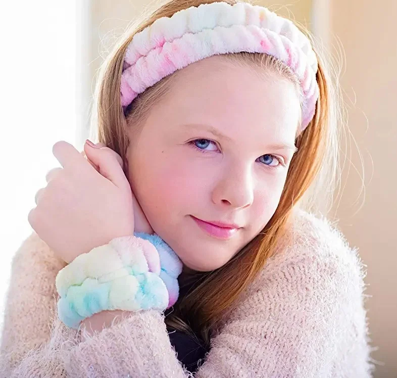 Spa Headband Washing Face and Matching Wristbands Teen Girls Fuzzy Skincare Headbands Kids Soft Facial Makeup Head Band