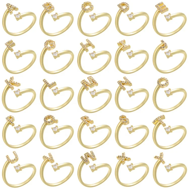 2022 New Gold Silver Plated Arabic Initial Letter Ring 26 A-Z Alphabet Crystal Opening Rings