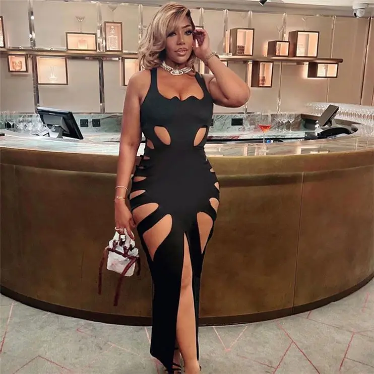 New Design Night Club Black Cutout Long Dresses Women Party Sleeveless Hollow Out Sexy Spilt Dress