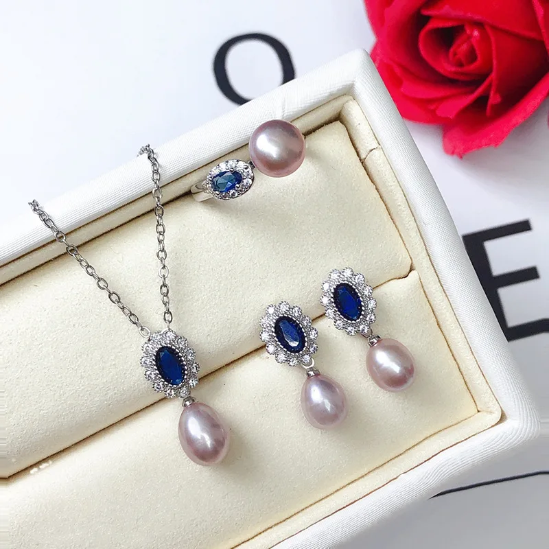 Fashion high quality Blue zircon bride Natural 7-8MM Freshwater Pearl Necklace Earrings Ring 3pcs jewelry set