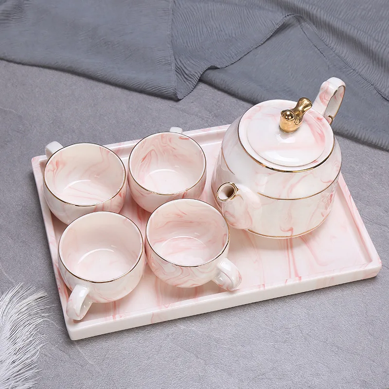 Wholesale Household ceramic porcelain creative simple marble six-piece Tea coffee quartz mug cup set with teapot
