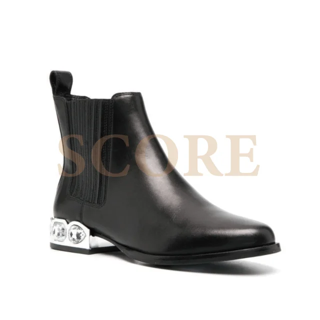 
Manchester 2021 Spring Chelsea Ankle Boots Chunky Heel Elastic side panels Metallic heel Rhinestones heel Hot sales OEM booties 