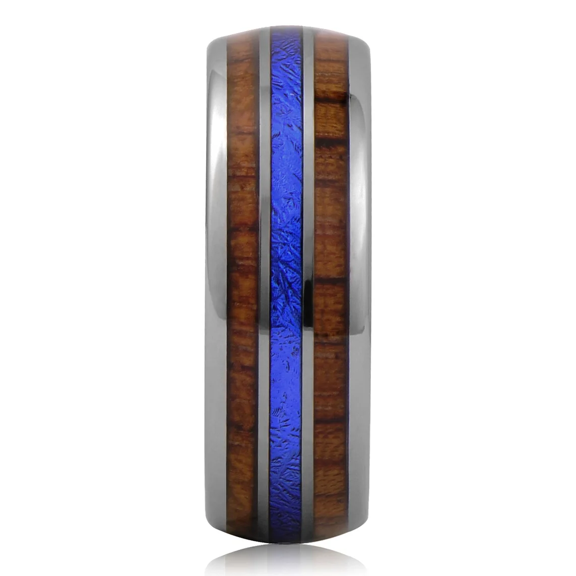 Hawaiian Custom Wood and Blue Meteorite Inlay Tungsten Rings