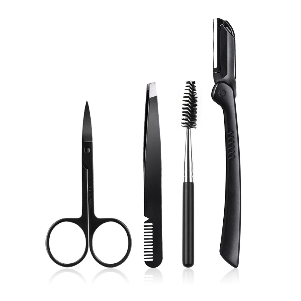 Portable beauty salon scissors tweezers  eyebrow razor 4pcs eyebrow tools set with mascara brush