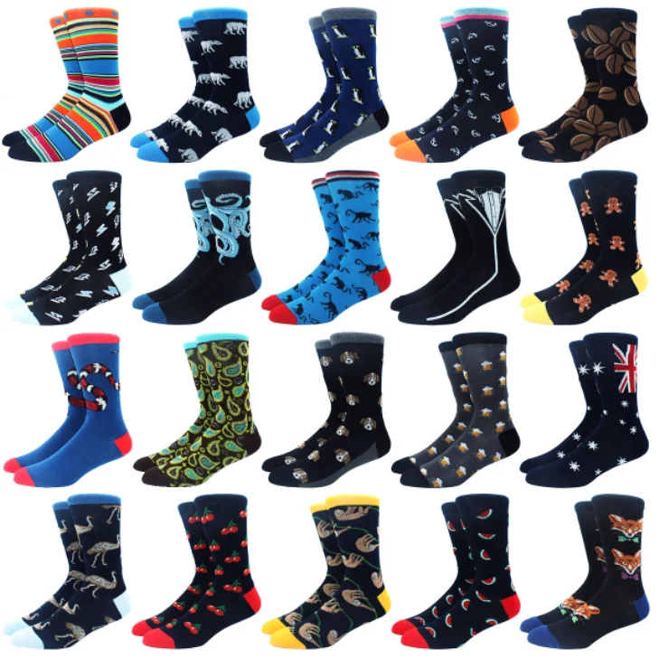 low MOQ cheap multi-style crew all over printed custom logo happy socks for men