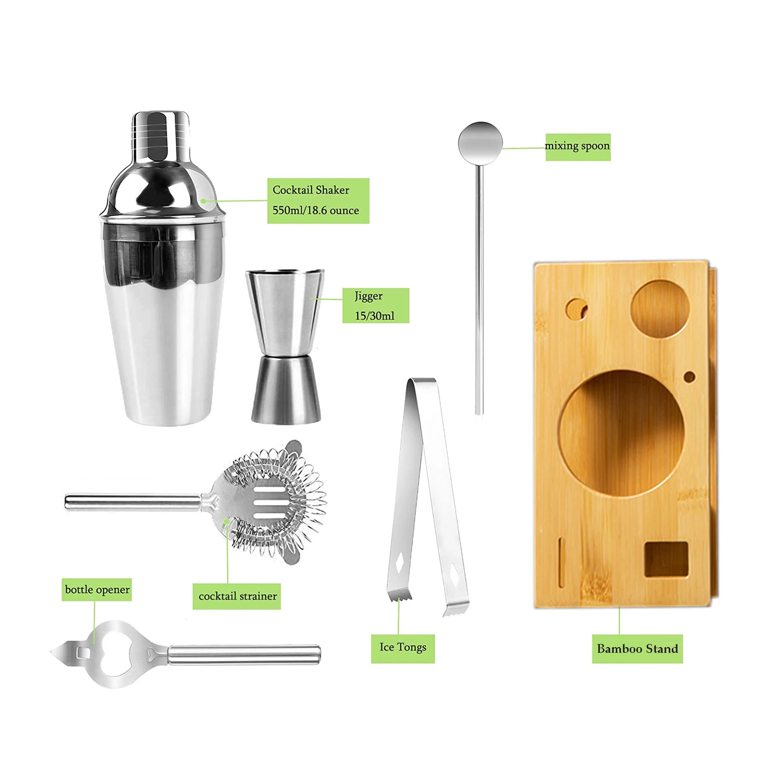 Custom 7-piece Professional Cocktail Shaker Making Bar Sets With Bamboo Stand Stainless Steel Bartender Kit Bar Tool
