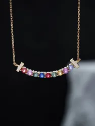 Brilliant Color Natural Muti-color Rainbow Sapphire 18k Genuine Gold Smile Necklace