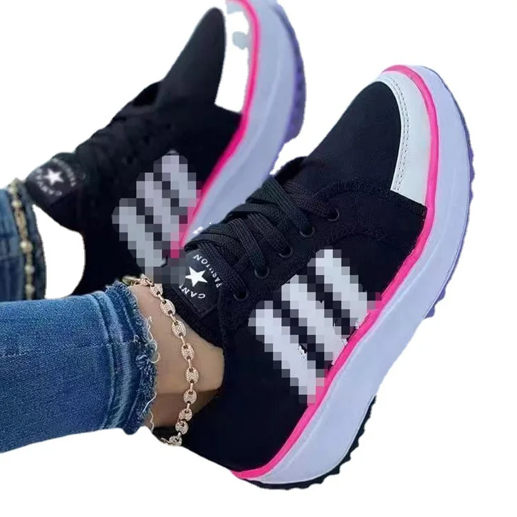 2022 New fashion casual canvas shoes for women Spring summer platform sole walking shoes lace up sneakers wholesale