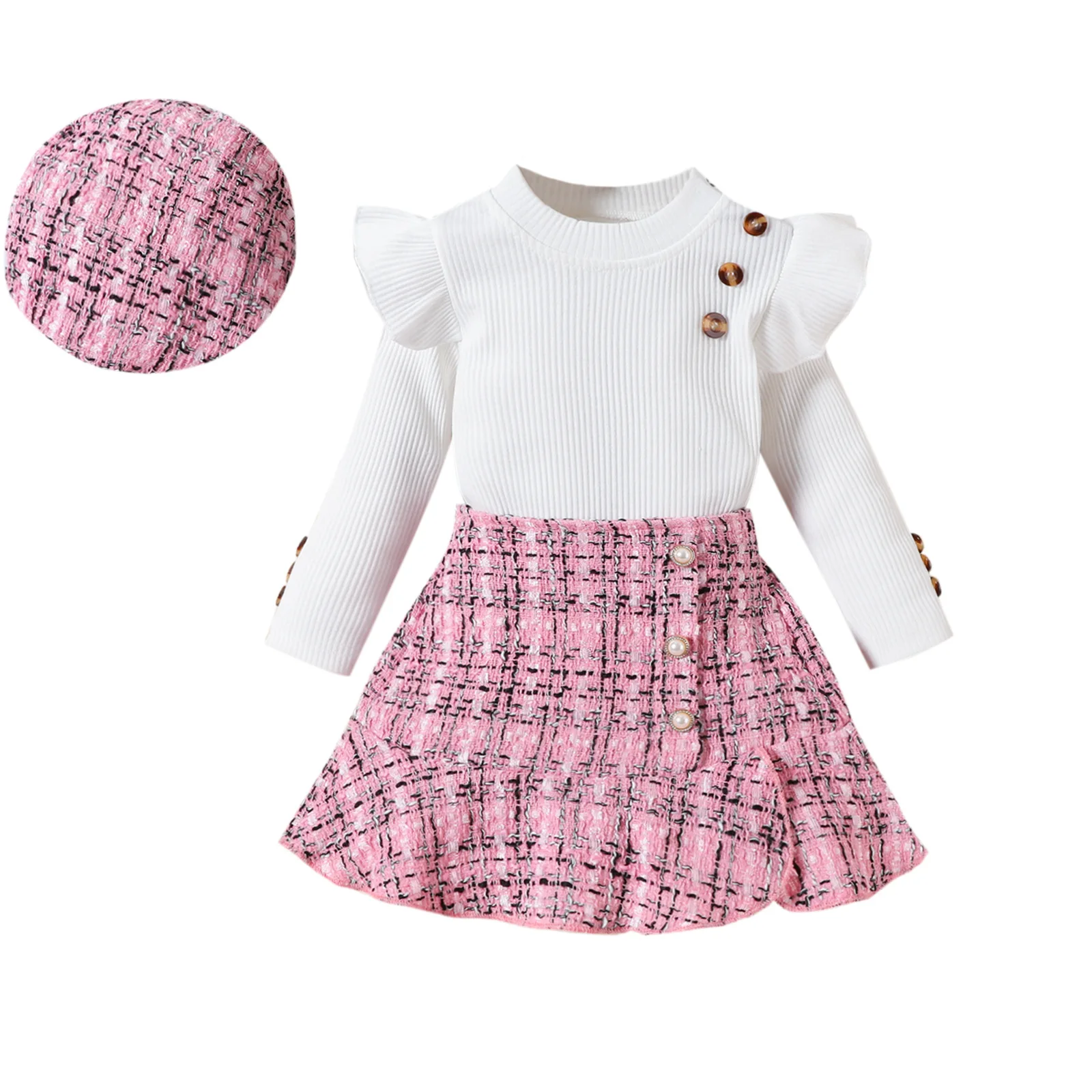 Qingli ODM Custom Factory European Fashion Baby Girl Winter Cotton Clothes Set Casual Pink Plaid Skirt and Top for Children