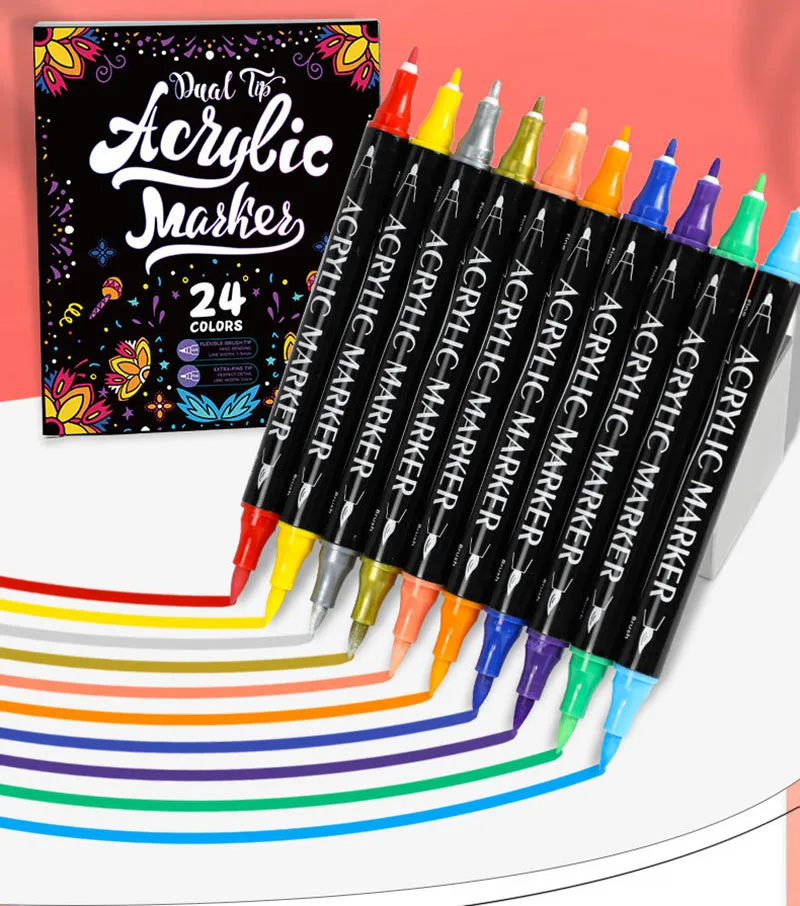 Miehui Art Paint Pens Medium Tip and Brush Dual Tip 12 24 36 Colors Acrylic Paint Marker Pens for Rock Painting