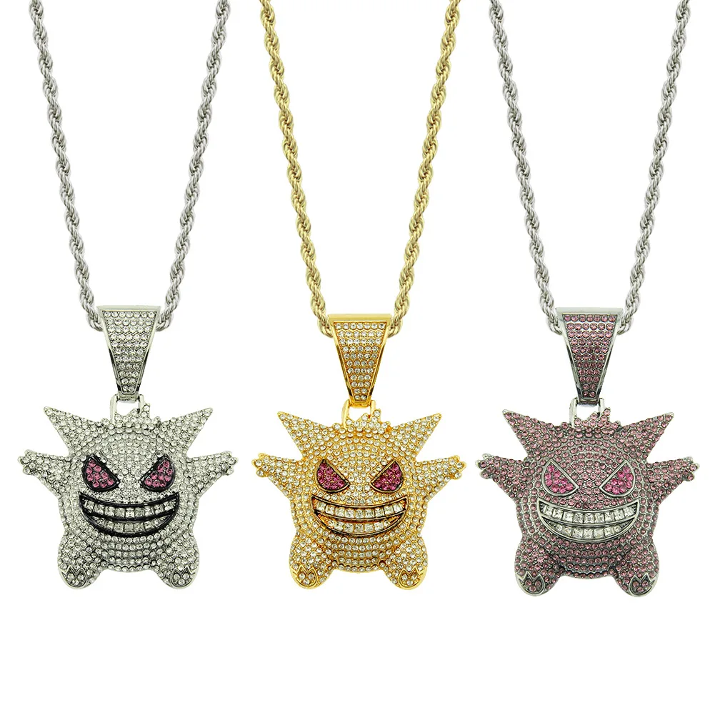 Iced Out Pet Elf  Gengar Hip Hop Micro Pave Pendant Necklace Fashion Design Hiphop Necklace Jewelry