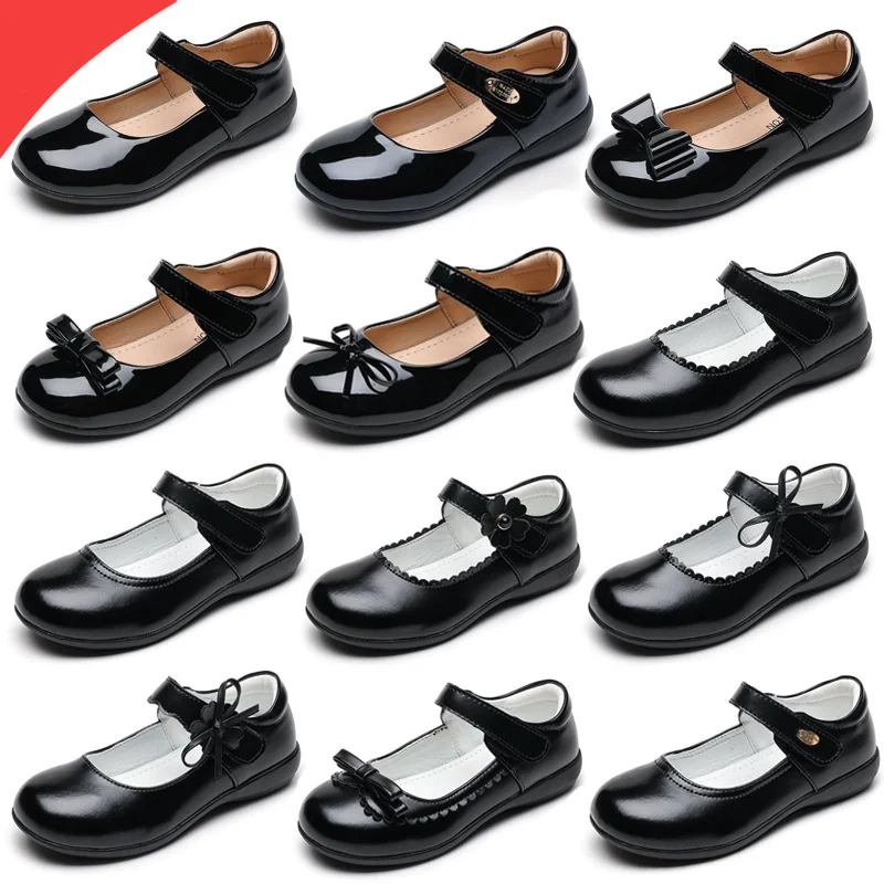 Wholesale school girls genuine leather black shoes for school kids uniform