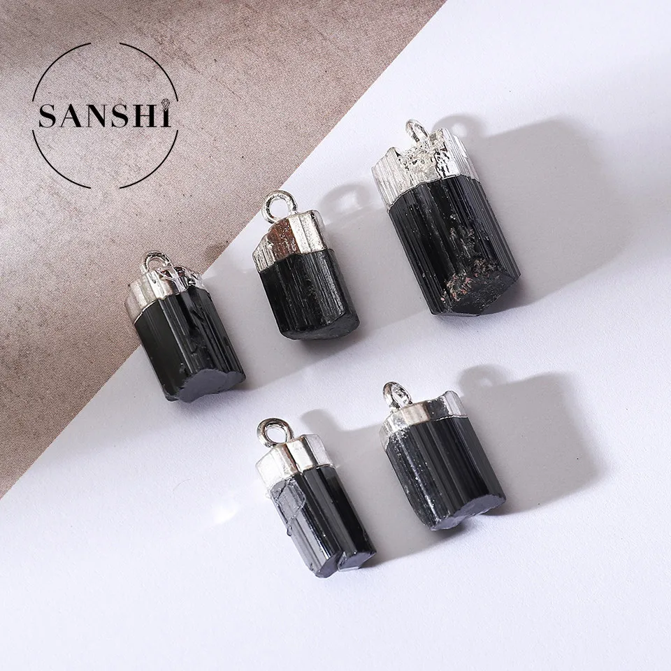Black Tourmaline Pendant Natural Black Tourmaline Rough Stone Electroplating Necklace