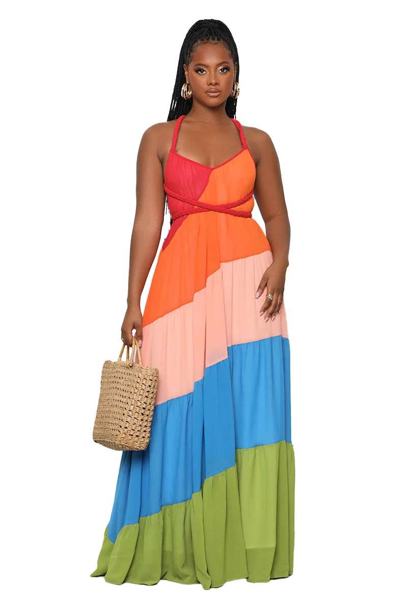 Оптовая продажа женская одежда Новинка лета 2022 женское шифоновое платье контрастных цветов на бретельках модная повседневная пляжная большого размера