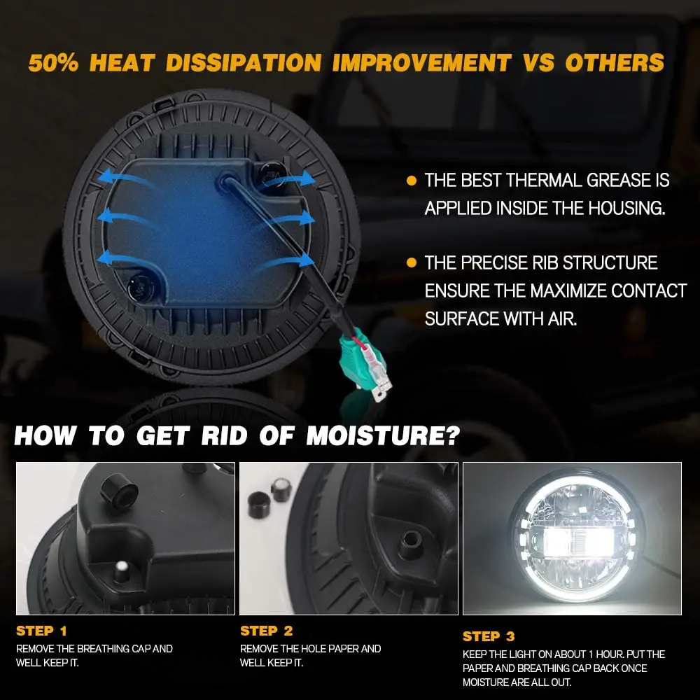 Dot E9 High Power 50W Car Turn light 6000K 7000K 12V 24V Round 7inch LED Headlight For Jeep Wrangler