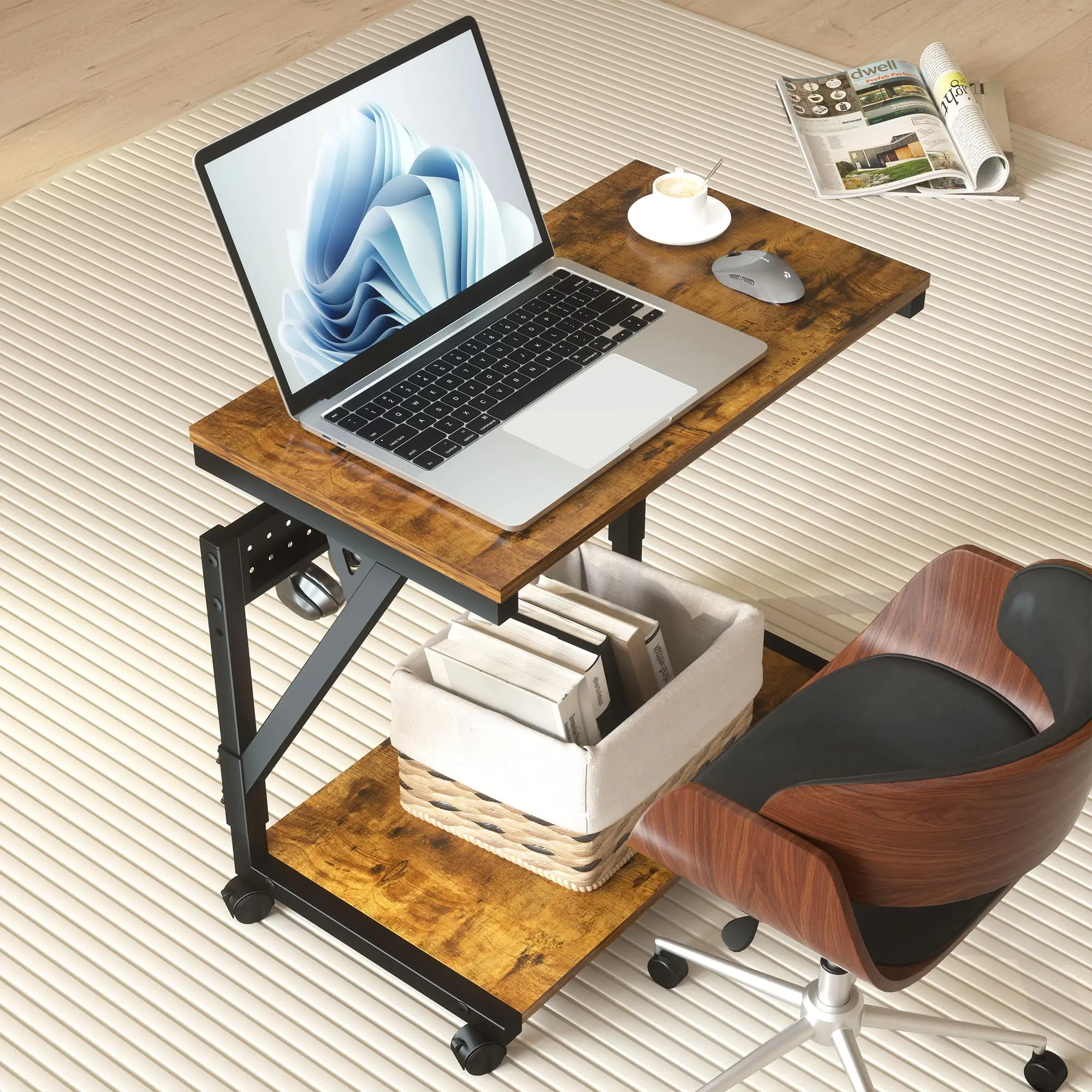 Rustic Brown 2-Tier PC Stand Lockable Rolling Wheels Adjustable Height Computer Tower Cart Home Office Gaming Desk CPU Holder