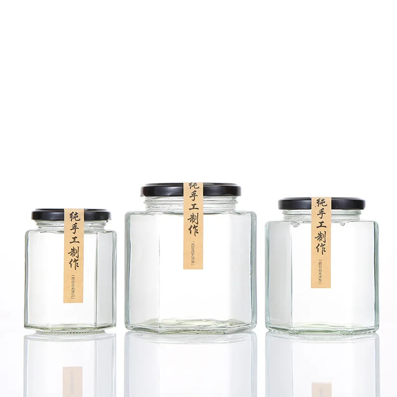 Wholesale Jam Honey Container Cream Jar  45ml 60ml 85ml 100ml 180ml 280ml 380ml Canning Caviar Food Storage Hexagon Glass Jar