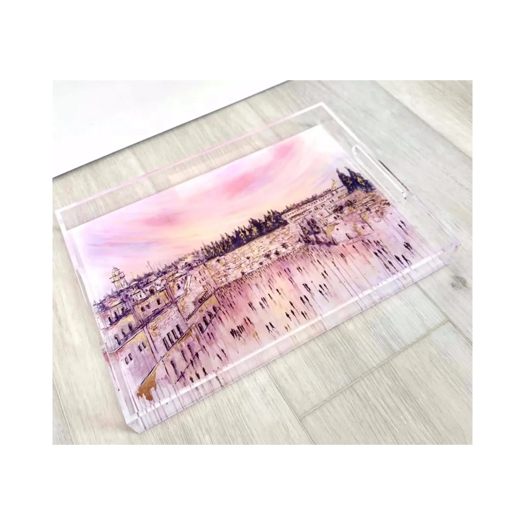 Decorative custom clear acrylic food serving tray rectangle lucite macaroon display tray Acrylic Judaica Serenity Kosel Tray