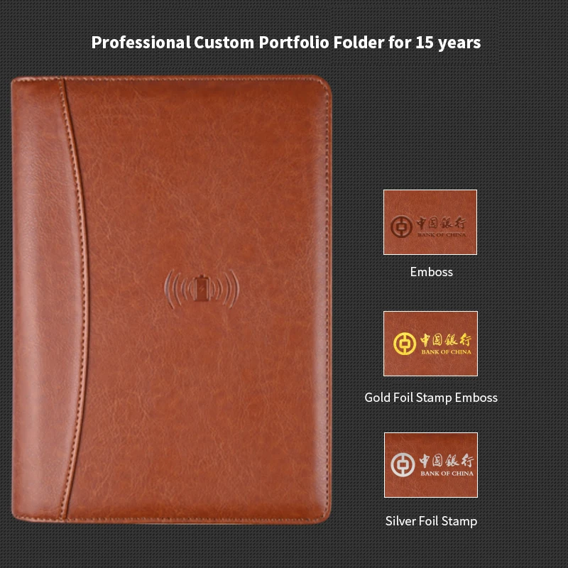 Custom logo zipper porfolio universal A4 file folder Wireless Charging Leather Designer Padfolio With Power