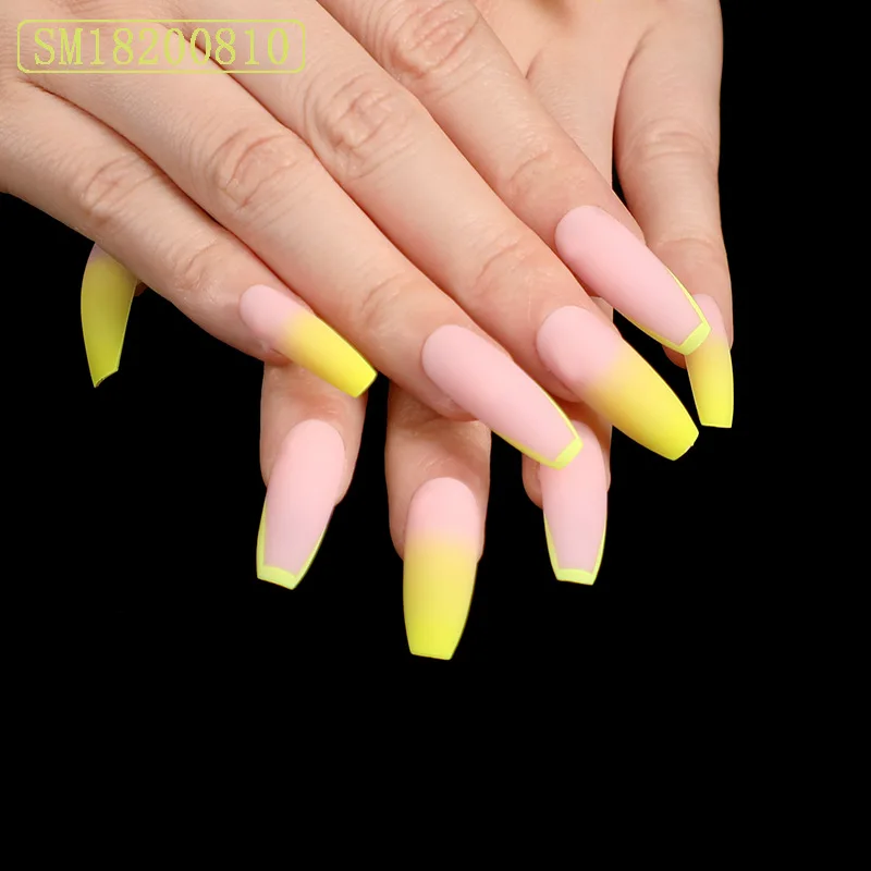Matte edging French gradient false nails yellow ballet shoe shape