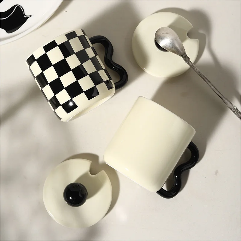 checkerboard checked mug retro ceramic water cup with lid