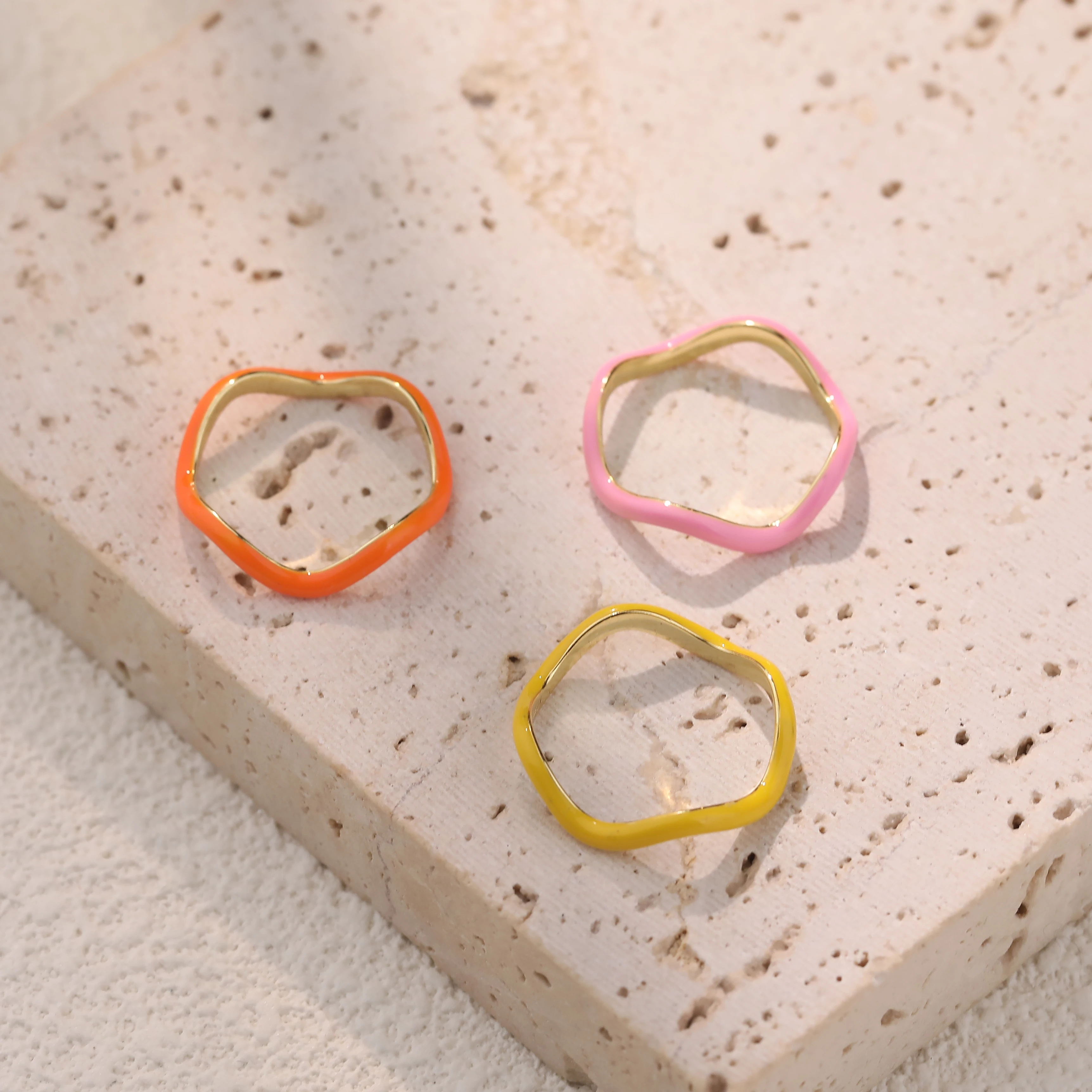 Wholesale summer 925 sterling silver fashion fine jewelry 18k gold 5 colors enamel wave shape rings for girls