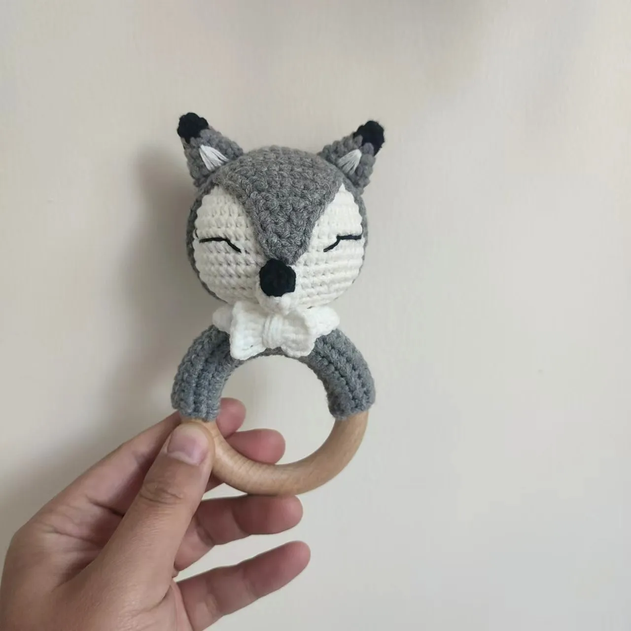 Wooden Animal Rabbit Baby Rattle Crochet Knit Bunny Teething Sensory Toys for Babies