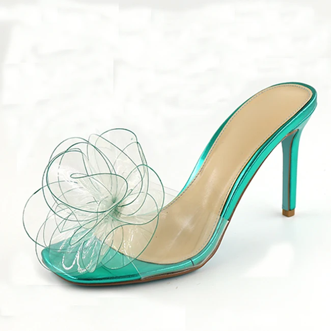 OEM Shoes Factory Transparent PVC With 3D Flower Open Toe Sexy Thin Heels Women Slippers Sandals