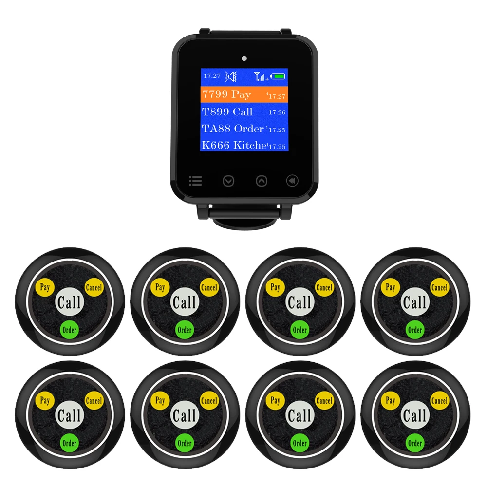 Artom Wireless call bell system with waterproof watch receiver set in different language and customized free logo on pager