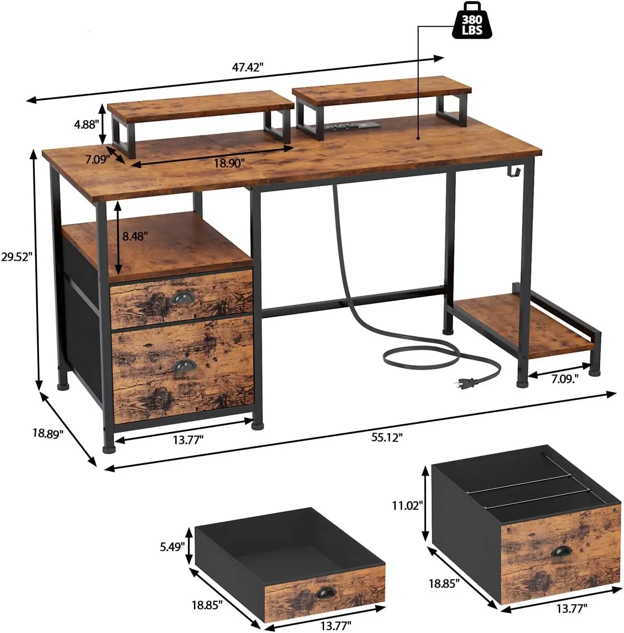 Computer Desk with Drawer and Power Outlets Office Desk Fabric File Cabinet Writing Gaming Table with Shelves Office