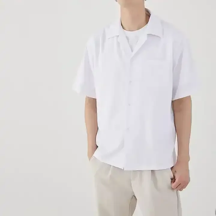 High quality short sleeve boxy cropped t shirt blank oversize cotton twill button up shirt mens