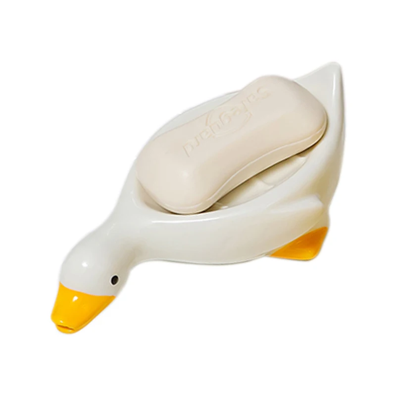 Cute Duck Shape Ceramic Tray Holder Soap Dish Self Draining Soap Holder for Shower Bathroom Tub Kitchen Sink