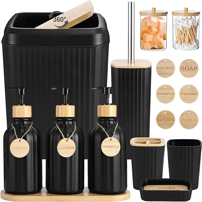 High Quality Black Bathroom Accessories Set 17PCS Bathroom Set with Trash Can 3PCS Lotion Soap Dispenser, Toothbrush Holder